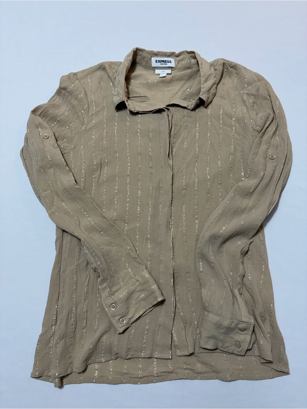 Express Portofino Metallic Striped Button Down Shirt Tan Womens Small Slim Fit